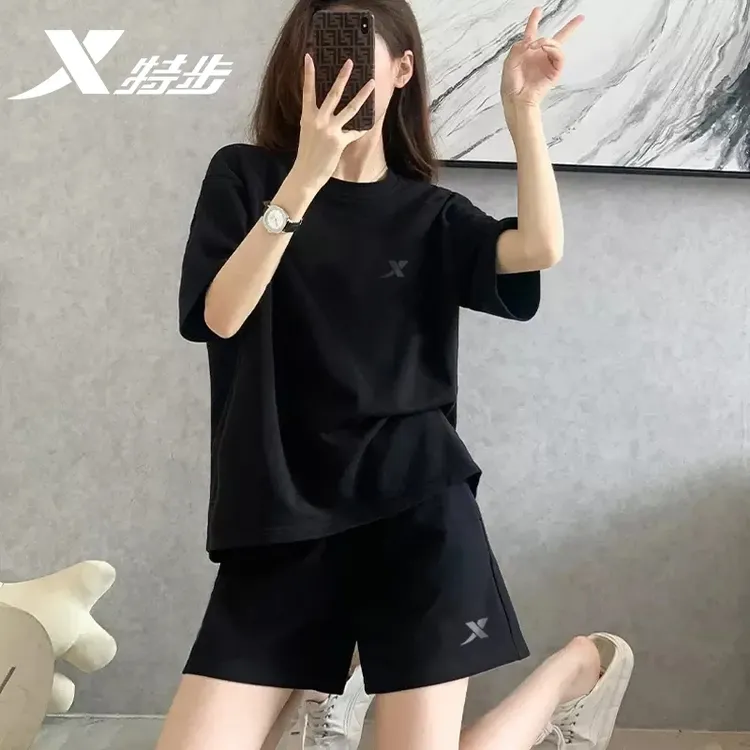 特步运动套装女2025夏季正品短袖短裤正品跑步健身两件套清凉薄款