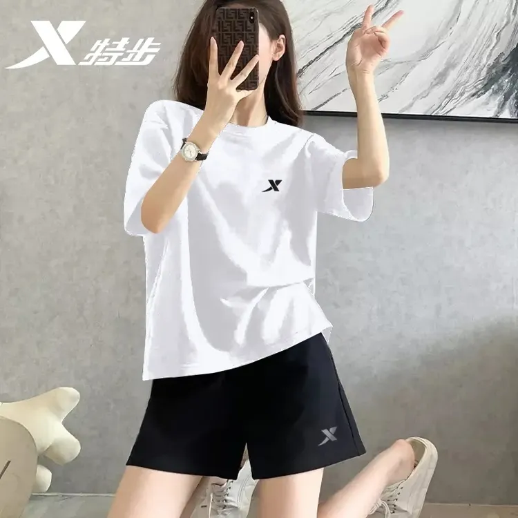 特步运动套装女夏季速干衣清凉薄款健身服白色女款两件套跑步服