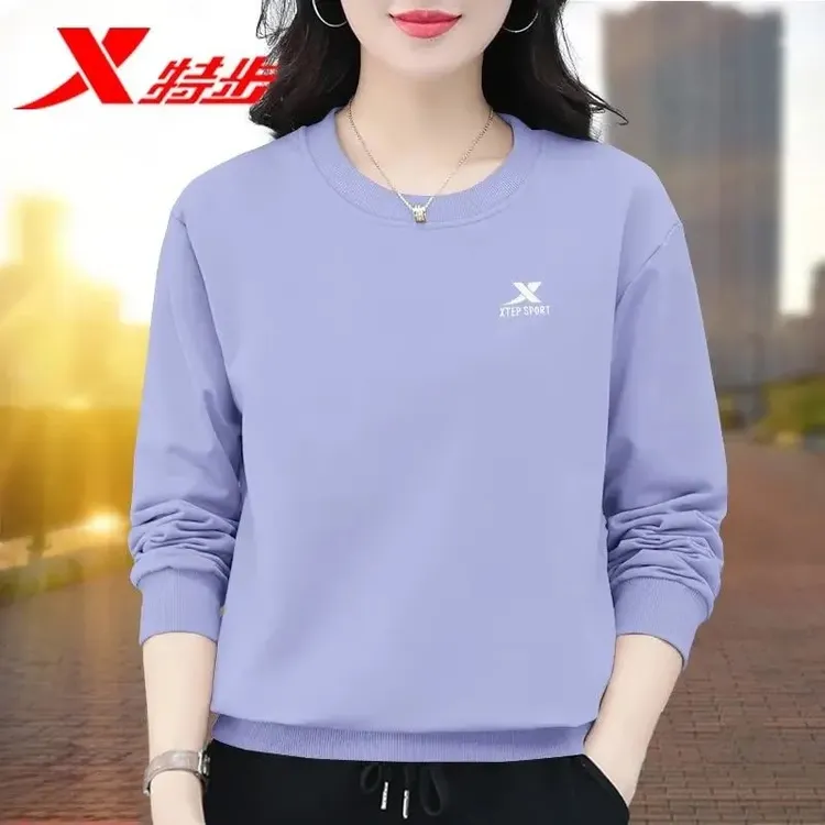 特步卫衣女雅丹秋季新款大码宽松圆领套头衫上衣运动长袖女装
