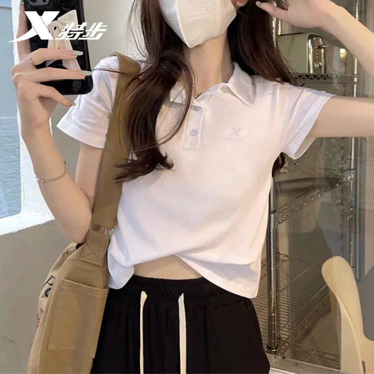 特步短袖t恤女polo衫2025年夏季冰丝薄款半袖T恤正品速干运动上衣