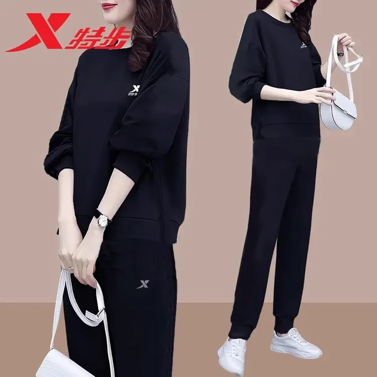 特步长袖运动套装女黑色显瘦卫衣卫裤2025冬季正品宽松休闲运动服