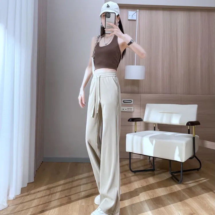 夏季新款冰丝窄版阔腿裤针织高腰垂感显瘦休闲小个子女直筒长裤子