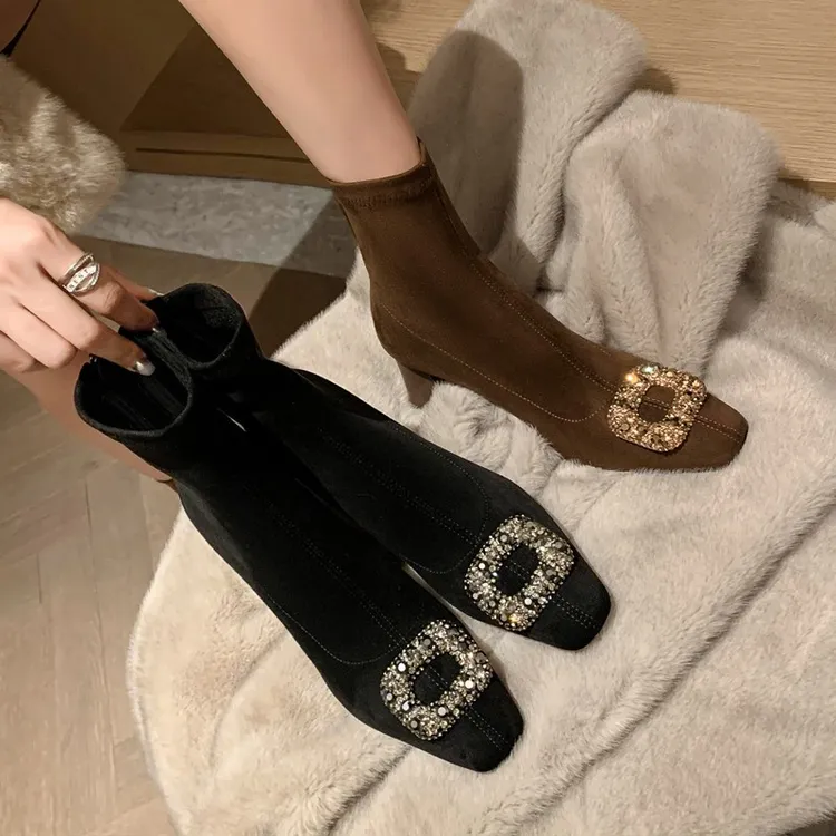 秋冬女款水钻方头弹力中跟裸靴法式名媛气质粗跟短靴