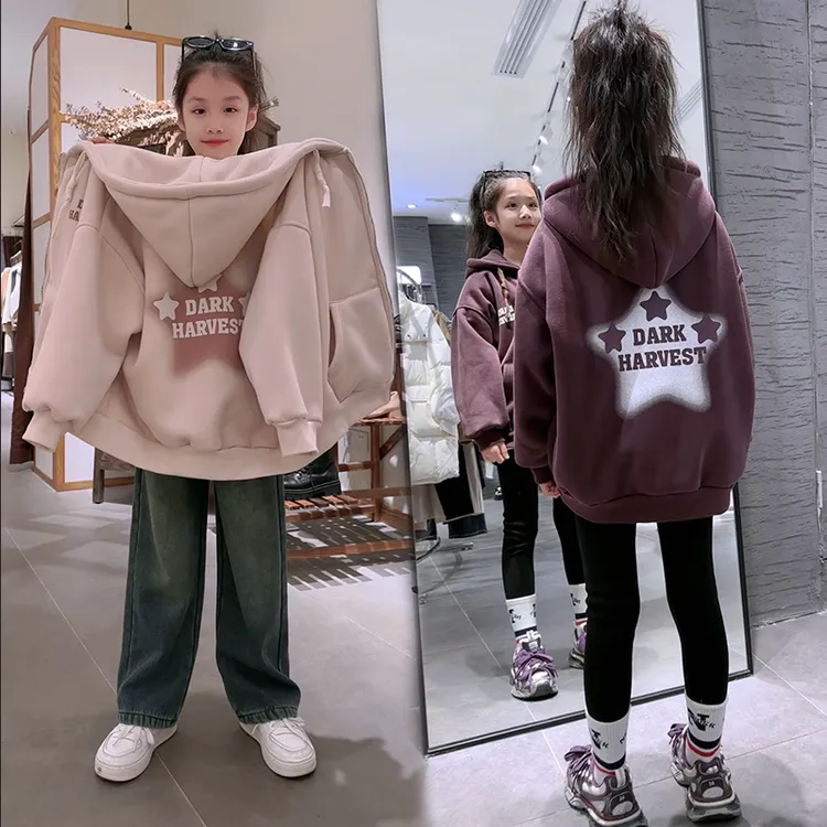 现货女童秋冬季外套2025新款韩版连帽冬装洋气中大童潮衣网红宽松
