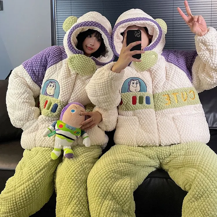 巴斯光年情侣睡衣冬季三层夹棉加厚珊瑚绒卡通保暖可外家居服套装