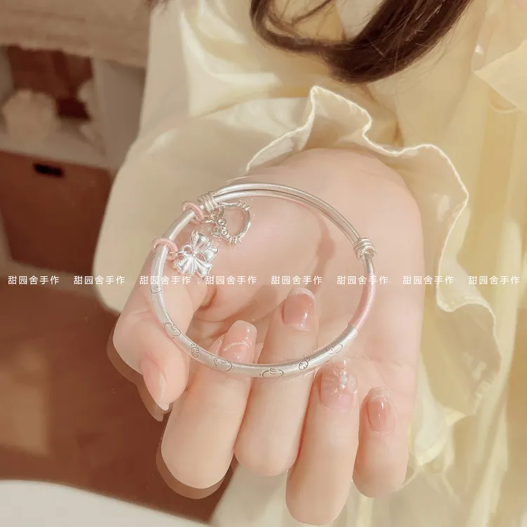 足银手镯 足银9999兔子磨砂银手镯甜美Kitty蝴蝶结镯子可调节送礼