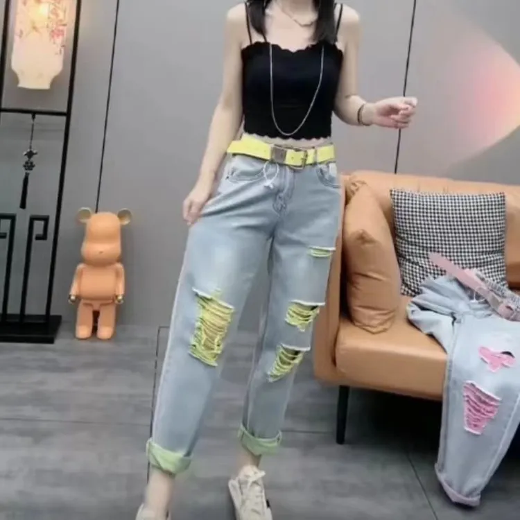 暖暖家夏季薄款时尚破洞哈伦牛仔裤女款胖MM高腰宽松显瘦九分直筒