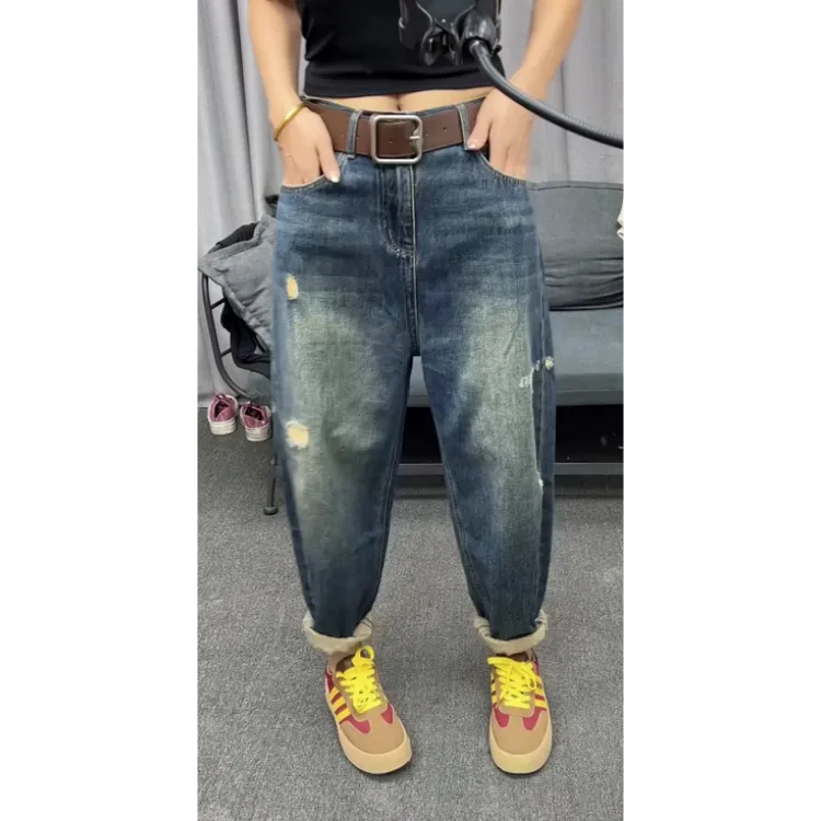 女装秋季新款高弹九分阔腿牛仔裤小个子高腰显瘦后兜老爹裤