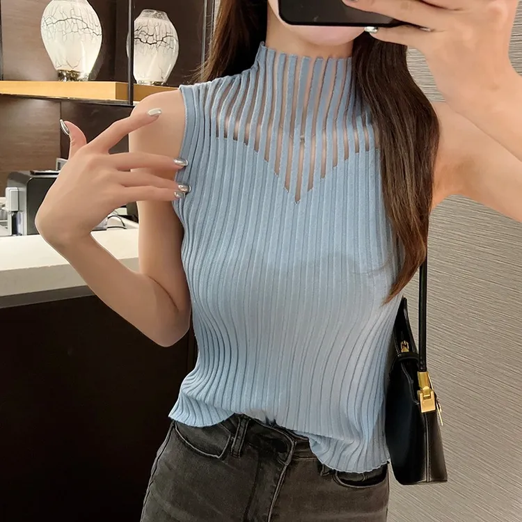 冰爽丝性感纯欲半高领镂空针织吊带背心女春夏设计感显瘦打底衫