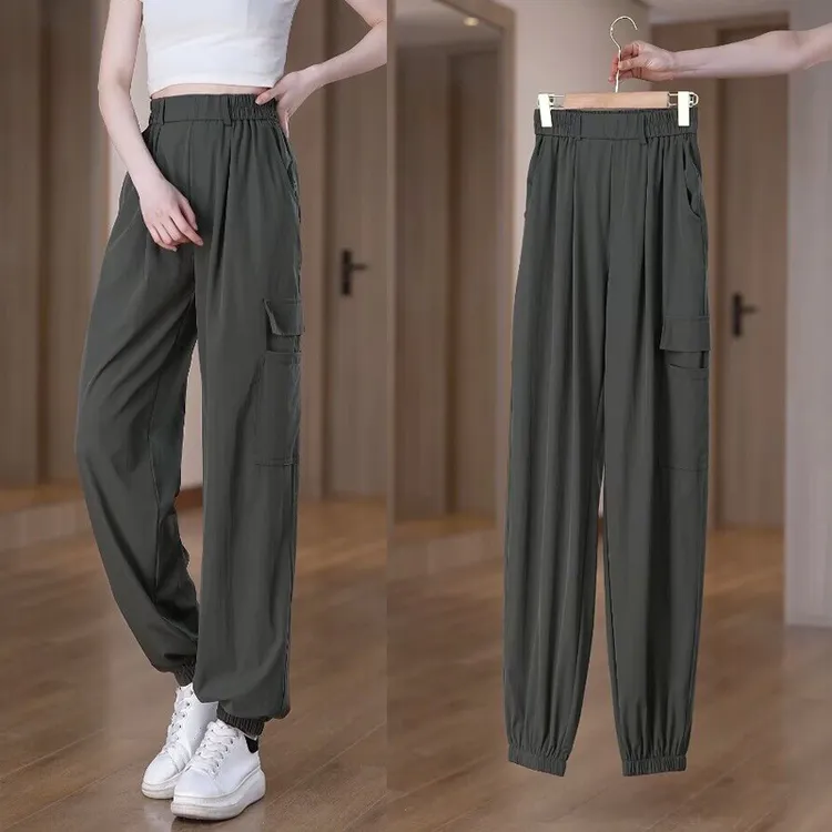 清凉速干工装裤女夏薄款宽松高腰户外束脚裤子休闲哈伦运动裤