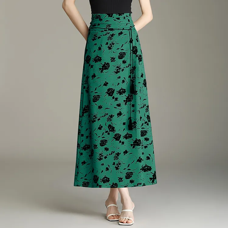 气质复古印花长裙半身裙女夏季2024新款高腰显瘦a字裙垂感通勤裙