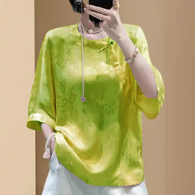 绿色桑蚕丝衬衣女五分袖夏季新中式国风缎面提花衬衫旗袍真丝夏装