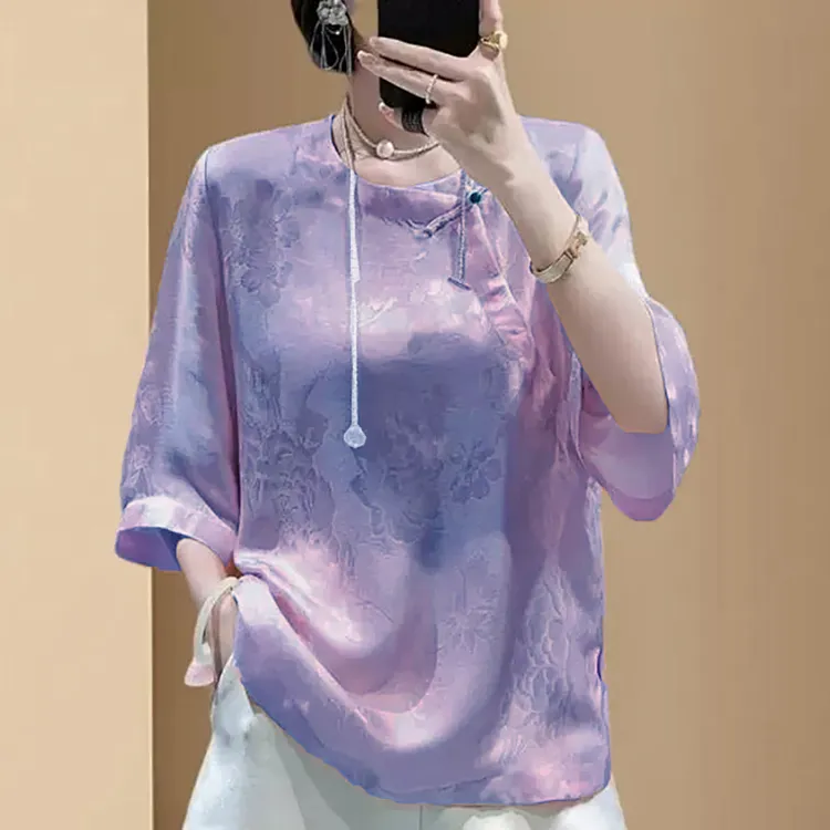 醋酸提花国风上衣女夏季桑蚕丝五分袖衬衫新中式女装短袖真丝夏装