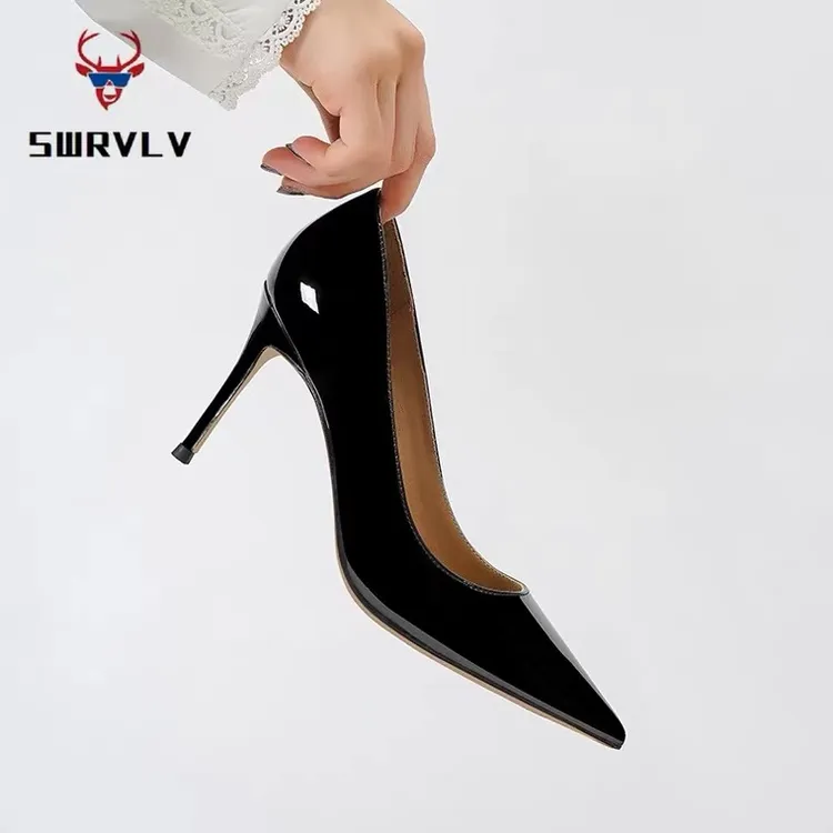 SWRVLV2024新款尖头高跟鞋女性感浅口百搭黑色漆皮职业细跟单鞋女