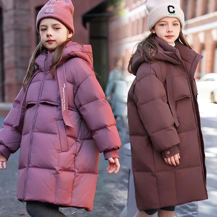 2025新款儿童羽绒服女童中长款加厚白鸭绒过膝韩版飘带洋气亲子装