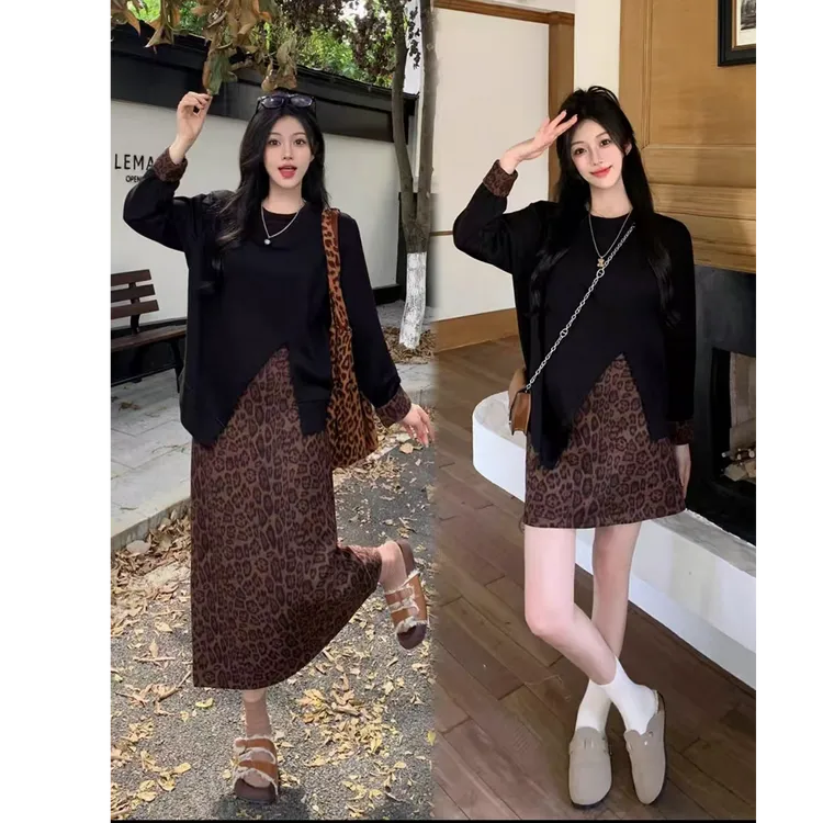 大码女装韩系穿搭套装2024新款胖MM显瘦针织衫配裙子两件套女