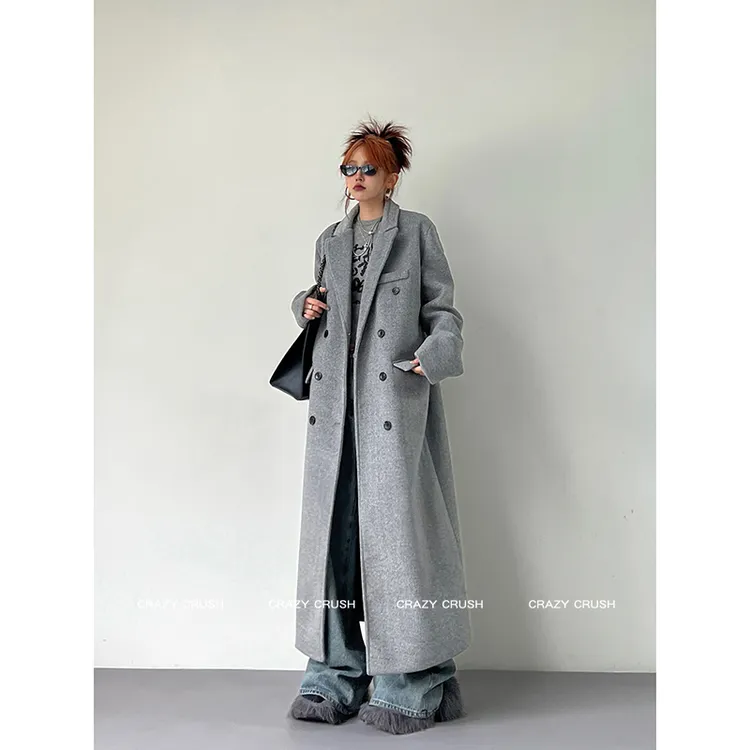 秋冬韩版灰色呢子大衣高级感正肩中长款高个子加长毛呢外套女