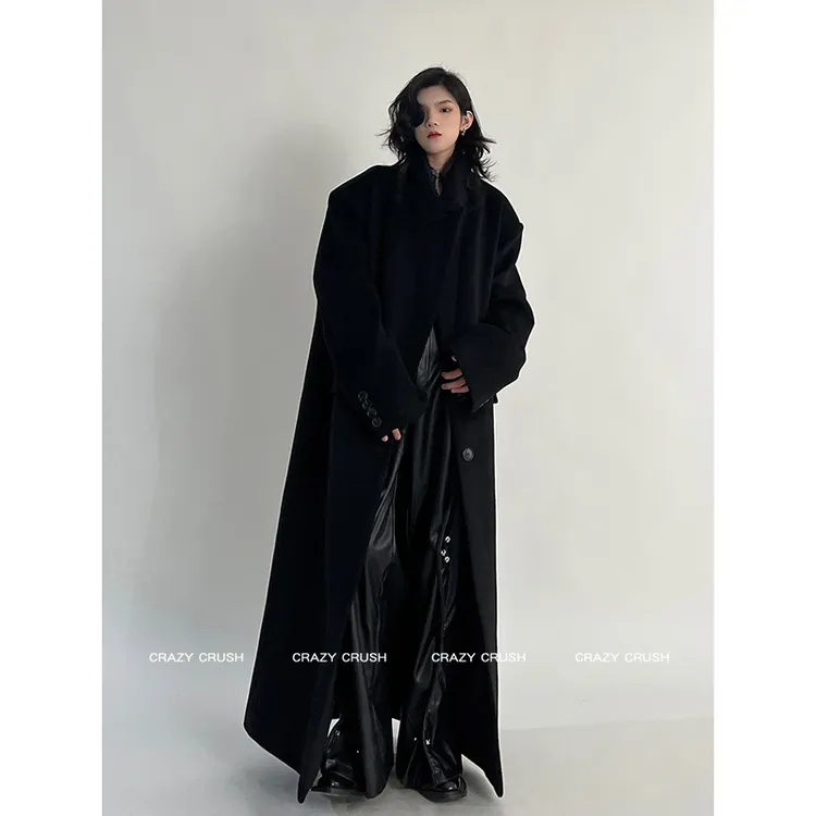 秋冬慵懒赫本英伦风阔版垫肩高个子加长款黑色毛呢冬季大衣外套女