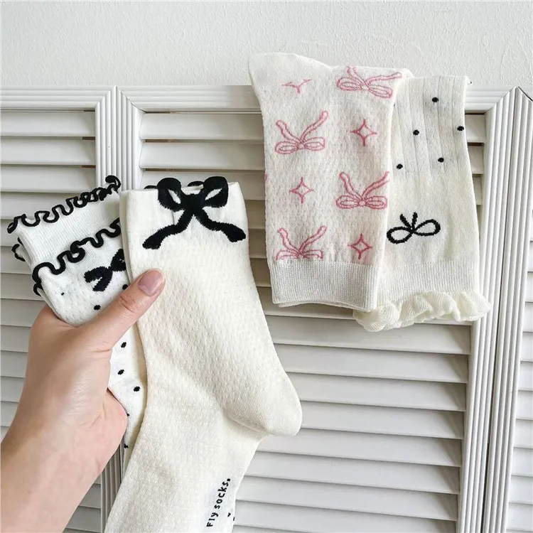 仙夏季薄款芭蕾风少女木耳边长袜卷边蝴蝶结袜子女中筒袜