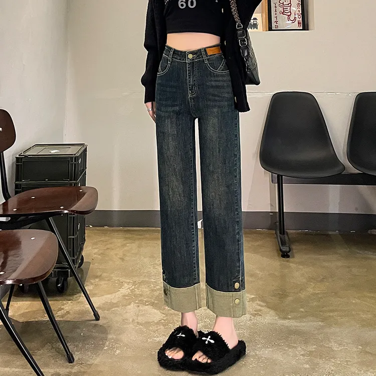 烟管牛仔裤女春秋冬季2025年新款高腰设计感宽松显瘦九分直筒裤子