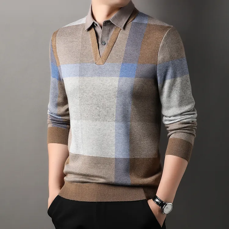 鄂尔多斯市假两件针织毛衣男撞色毛衣中年衬衫领休闲上衣含绵羊毛