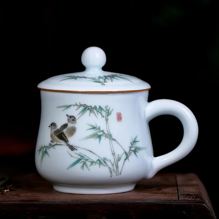 定制景德镇茶杯青瓷陶瓷茶杯带把手柄盖喝水杯子家用女刻字带盖