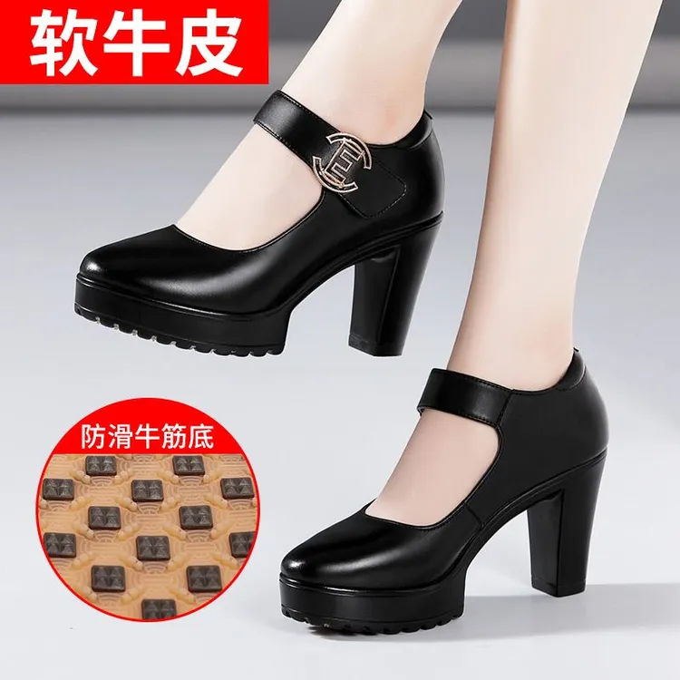 软牛皮旗袍走秀模特训练专用鞋女粗跟真皮演出单鞋大码职业工作鞋