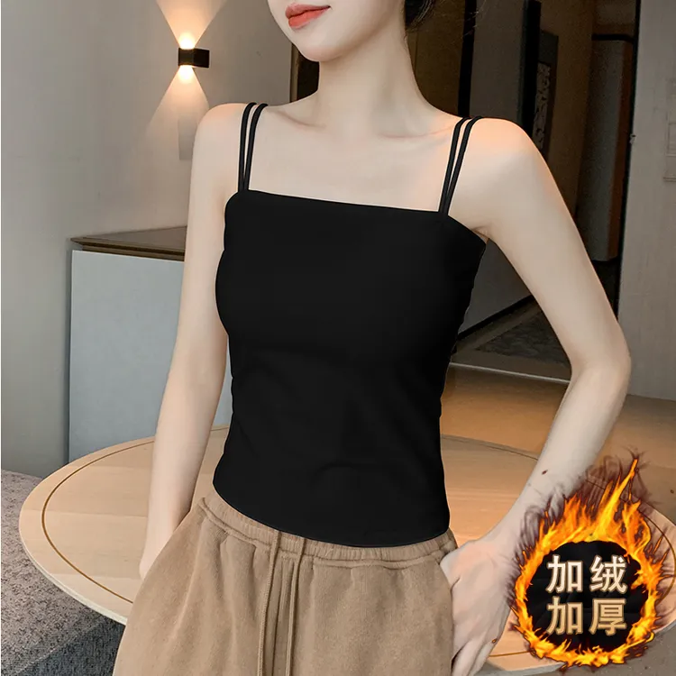 双肩带吊带背心女加绒加厚内搭外穿带胸垫秋冬紧身无袖洋气打底衫