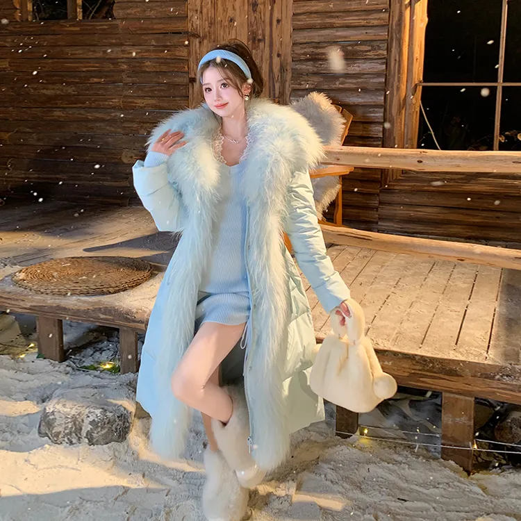冰冰来了【天鹅湖畔】甜美重工貉子毛领羽绒服长款白鸭绒外套26384