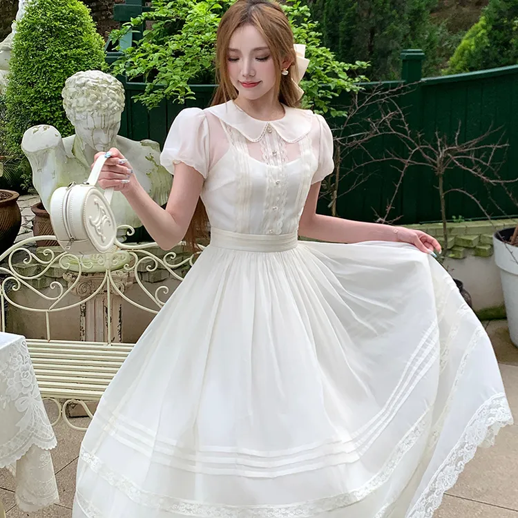 冰冰来了【乖乖优等生】简约高级感泡泡袖连衣裙A字高腰长裙26075