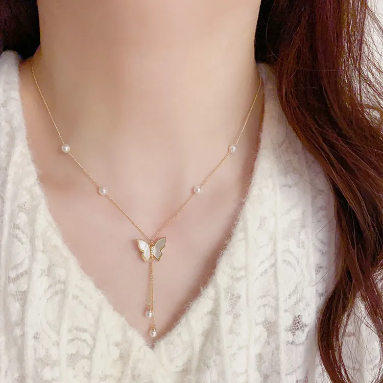 铜合金项链 韩式时尚轻奢蝴蝶流苏项链女气质超仙设计感锁骨链女