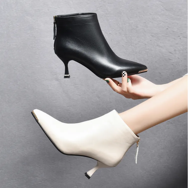 357公分秋冬新款时尚细跟短靴女真女士皮尖头小跟高跟鞋339真皮