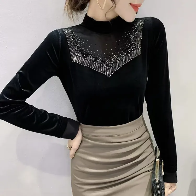 欧洲站丝绒烫钻长袖T恤女秋季新款高级感洋气修身打底衫上衣36925