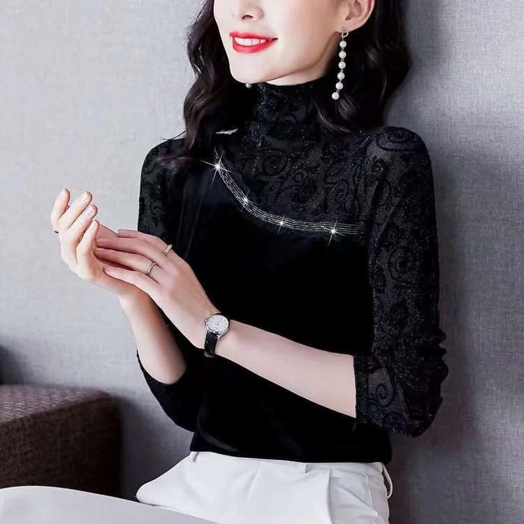 Z01款金丝绒上衣秋冬植值绒网纱修身内搭小衫半高领丝绒打底衫女