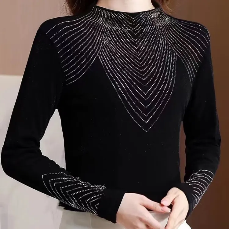 春秋新款烫钻长袖打底衫半高领百搭T恤显瘦黑色修身小衫女