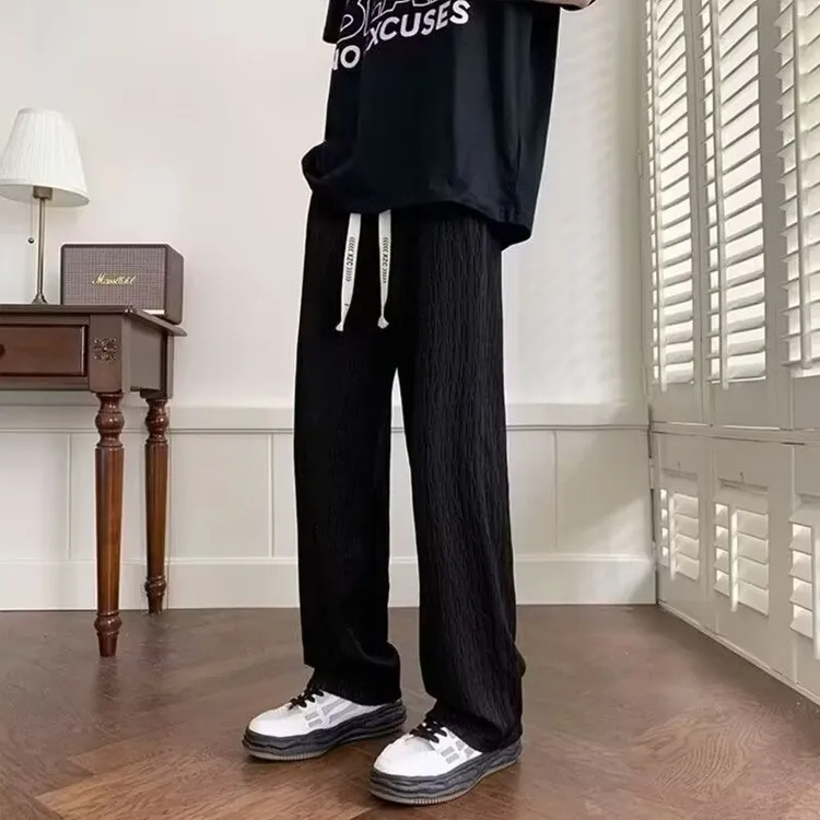 肌理感裤子男士夏季直筒裤潮牌垂感男生宽松褶皱休闲长裤搭配新款