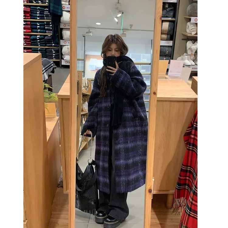 长款格子呢子大衣女秋冬季新款小个子加厚毛呢外套高级感