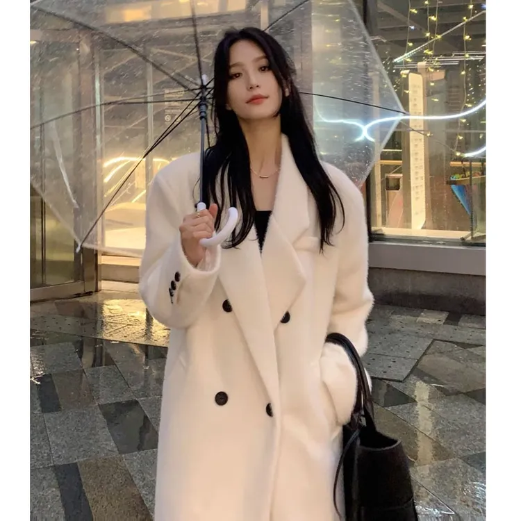 白色大衣女毛呢外套2025秋冬季新款英伦风高级感小个子赫本风加厚