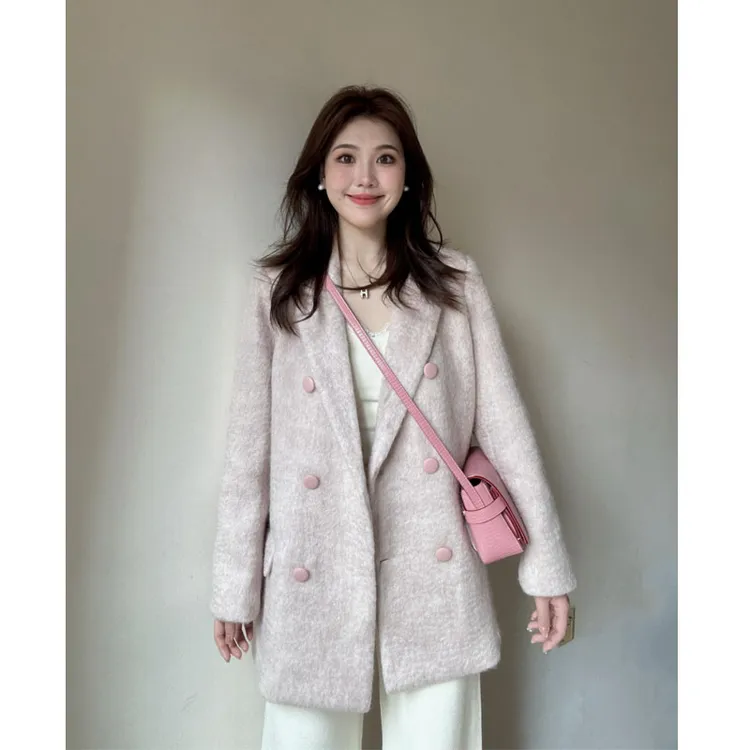 粉色呢子大衣女2025年新款秋冬季高级感毛呢外套小个子西装外套女