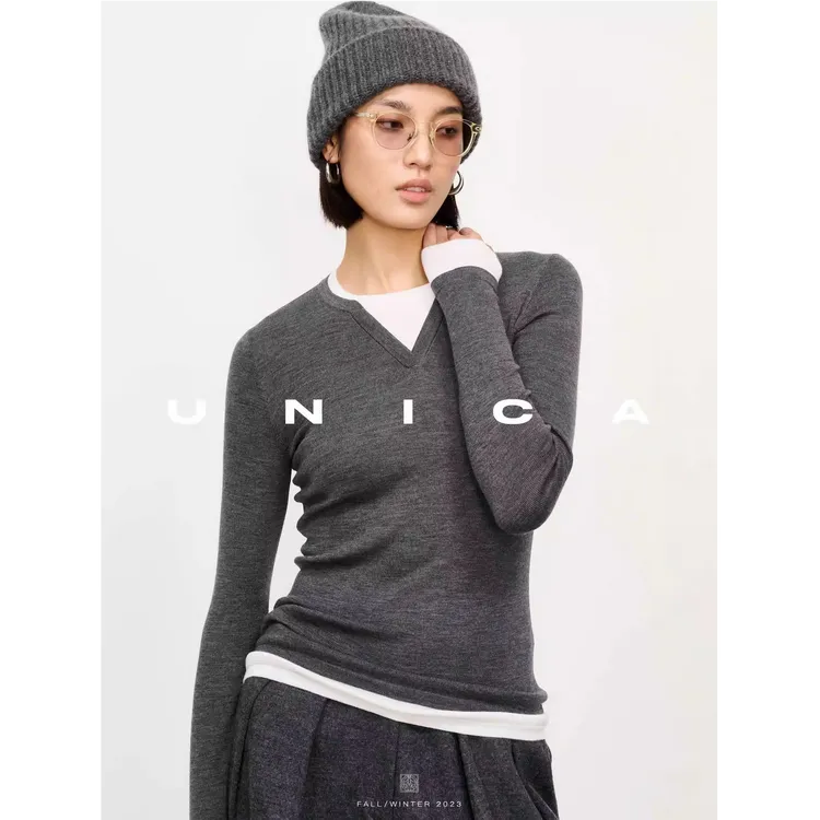 UNICA/塑身打底假两件_TEC可机洗120s羊毛18针多领型打底衫