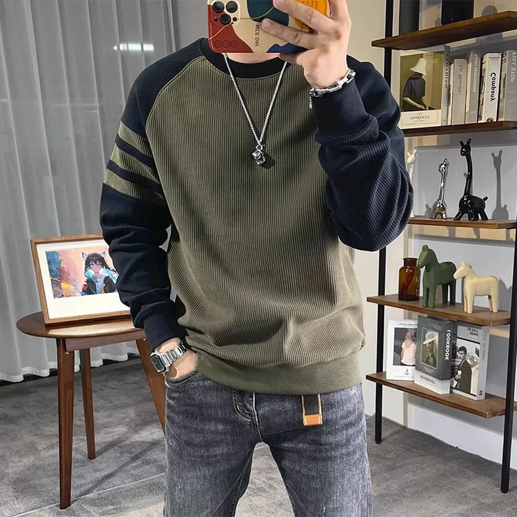 竖条拼接撞色卫衣秋冬季新款男士美式重磅长袖圆领套头休闲打底衫