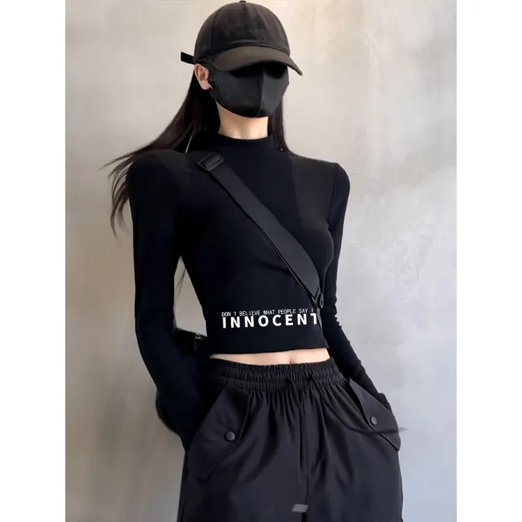 美式复古高街短款印花长袖打底衫女新款秋季辣妹修身小众内搭上衣