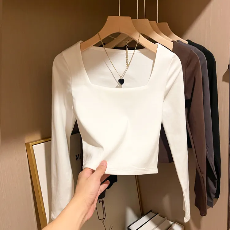 秋冬长袖打底衫女白色方领低领正肩修身今年流行独特漂亮锁骨上衣