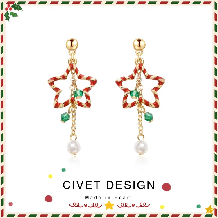 合金玻璃耳饰 原创五角星流苏圣诞节耳环秋冬可爱甜美百搭耳夹商品图