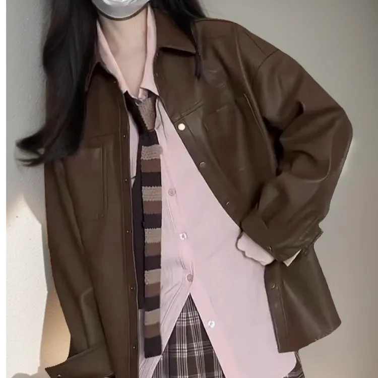 棕色衬衫皮衣外套女春秋新款港风复古潮流小个子百搭机车pu皮夹克