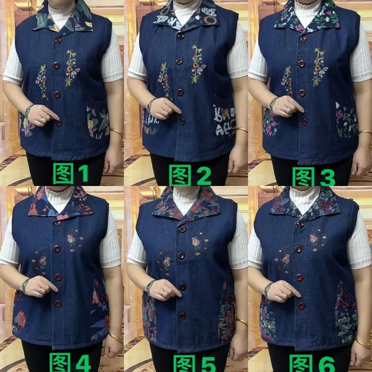 春季新款时尚牛仔马甲百搭宽松绣花大码透气翻领