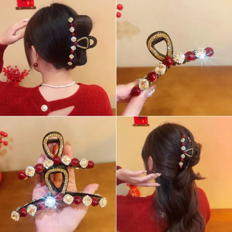 秋冬新款红色珠珠水钻气质半扎发盘发鲨鱼夹网红发饰新年大抓夹