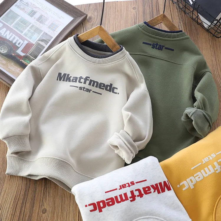 男童儿童2025冬季新款加绒卫衣中大童简约保暖圆领上衣宽松打底衫