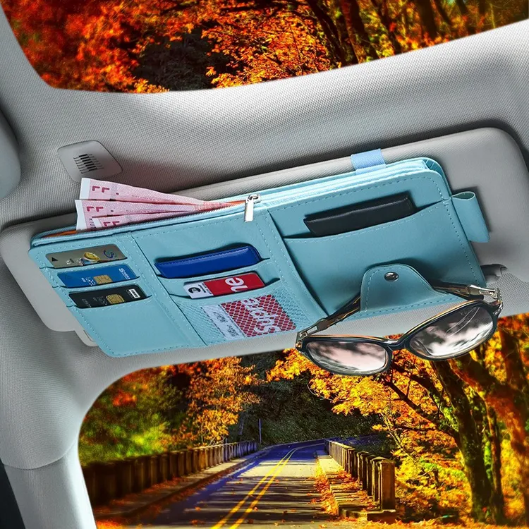 车载遮阳板收纳神器汽车挡光板票据卡包一汽远程卡夹证件袋眼镜夹