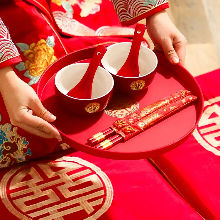结婚敬茶杯喜碗女方陪嫁用品喜庆红色改口一对盖碗茶具对碗筷